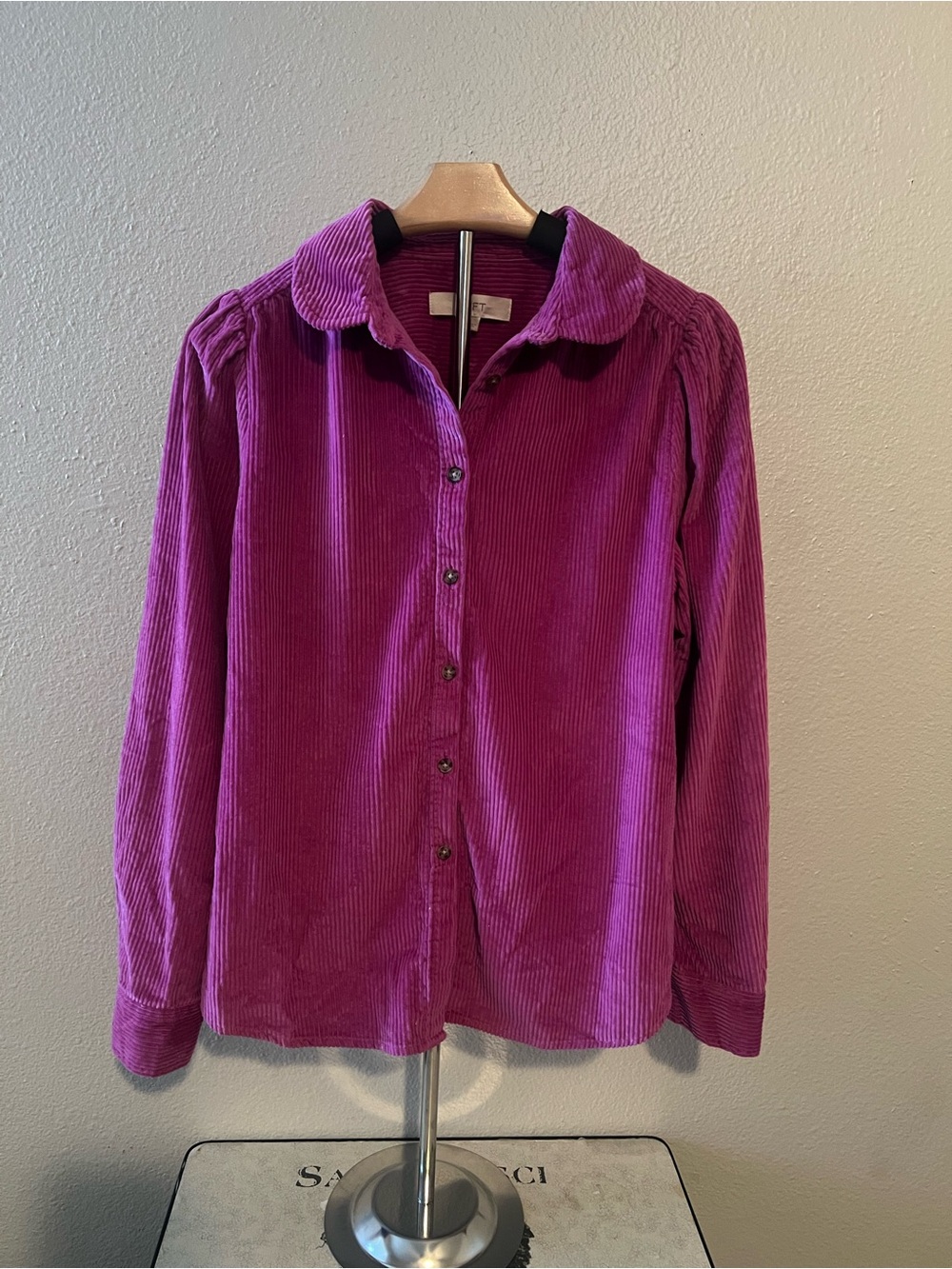 LOFT Top Womens S purple Corduroy Shirt Button Up Puff Sleeve Collar Cotton